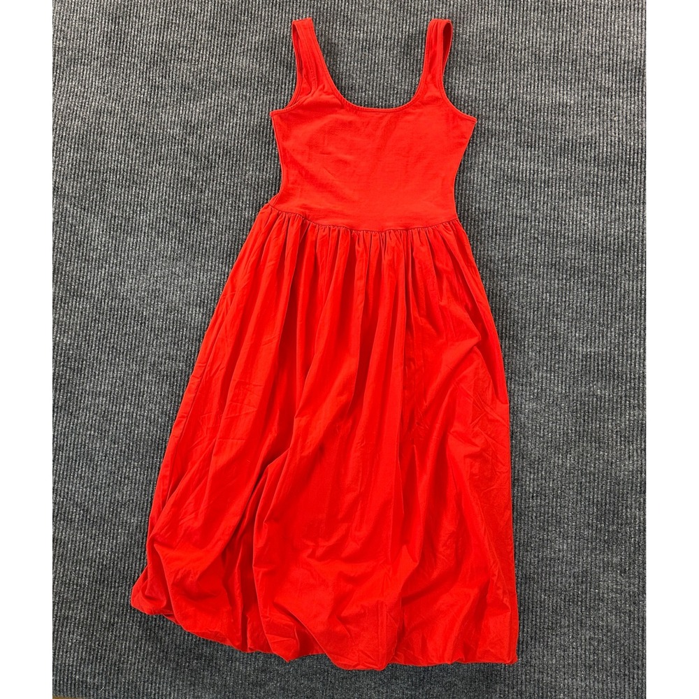 Solid Red Sleeveless Tank Dress Gathered Waist Scoop Neck Casual Midi 46.5 In L